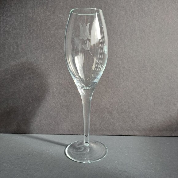 Etched Floral Fluted Champagne Glass Clear Vintage Stemware Elegant Toasting 8" - Picture 5 of 14